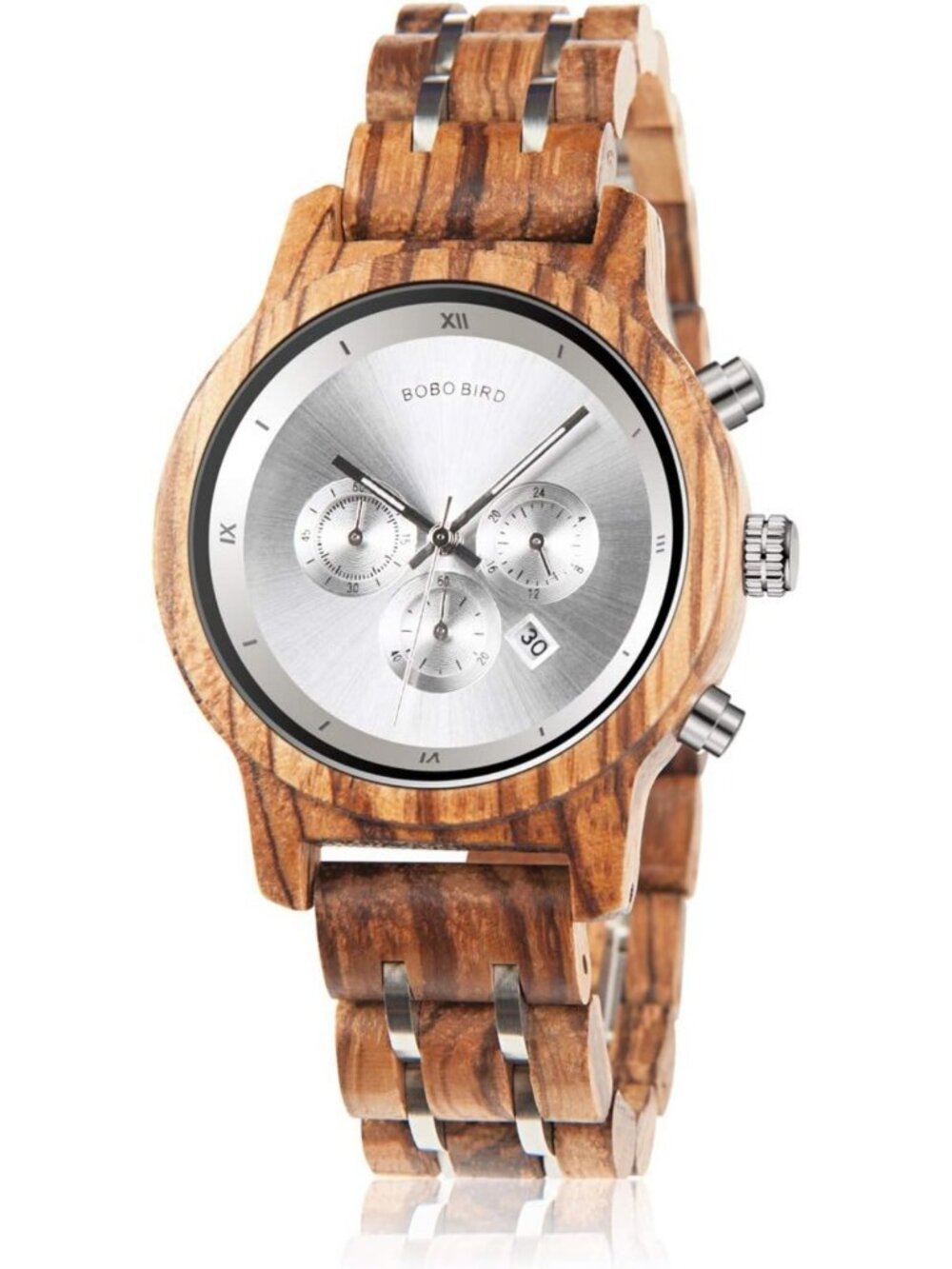 Stylish Women's Wooden Watch with Metal Strap, Chronograph & Date Display